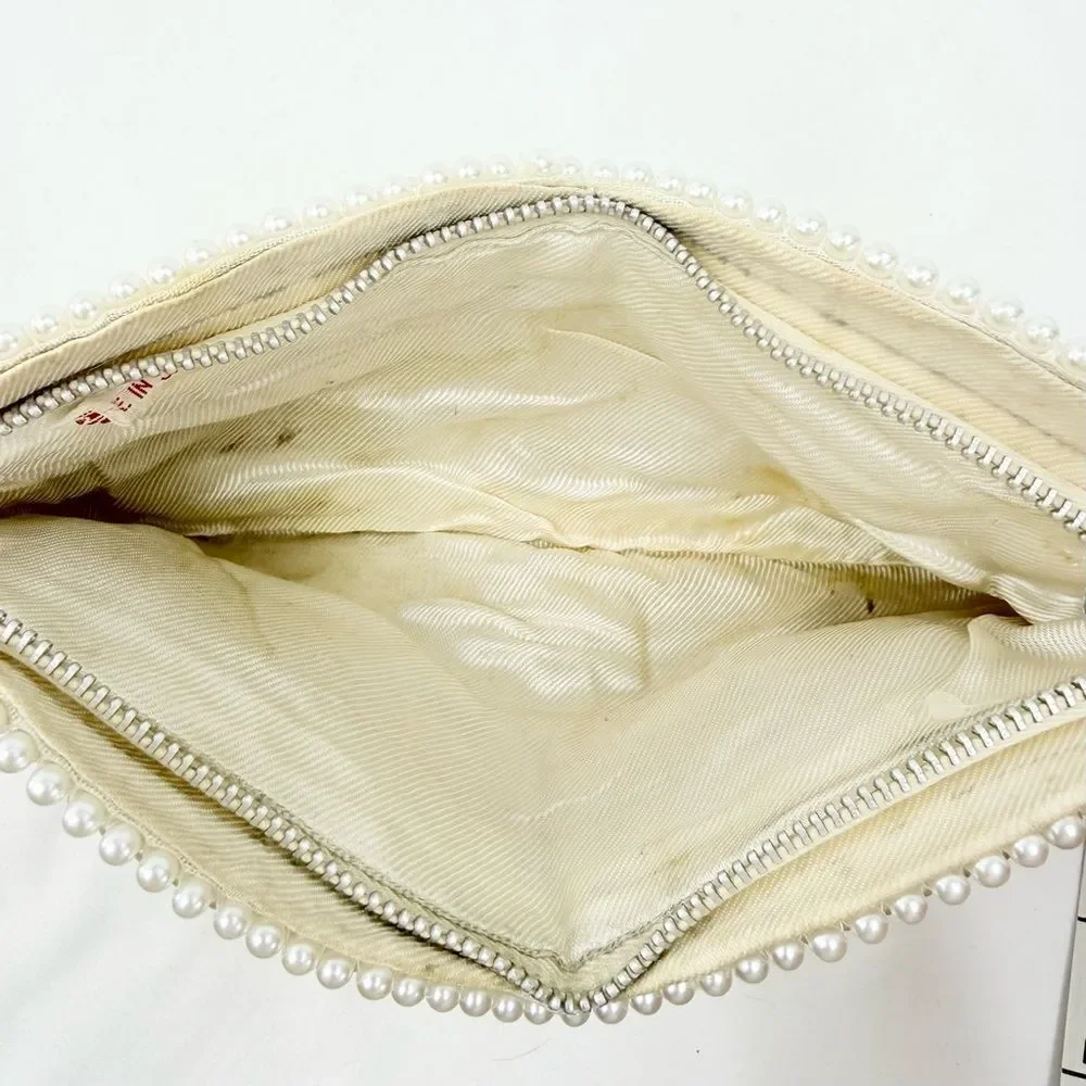 Vintage White Silver Pearl Beaded  Mini Clutch Bag